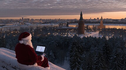 Santa Claus is perched atop a chimney, intently using his laptop as he gazes over a charming winter cityscape adorned with twinkling lights and snow-covered rooftops