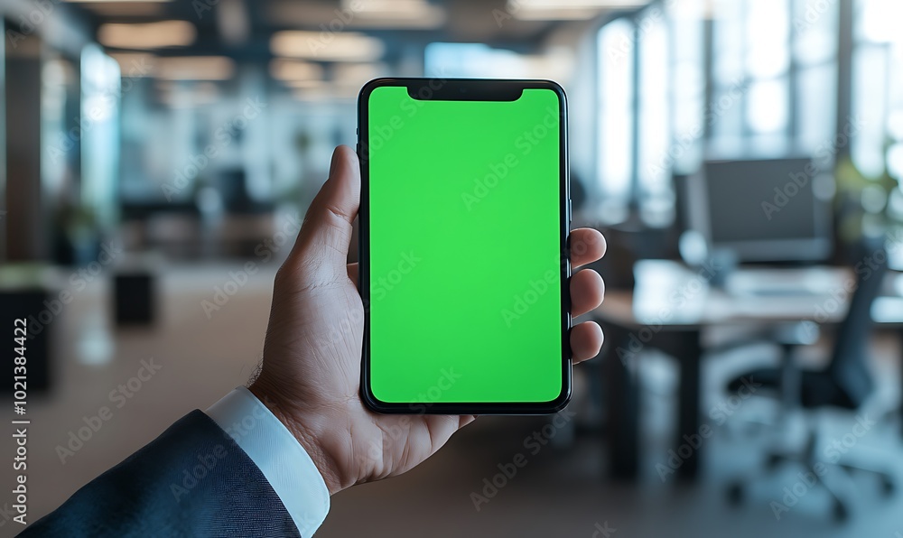Poster a hand holds a smartphone with a bright green screen, set in a modern office environment with blurre