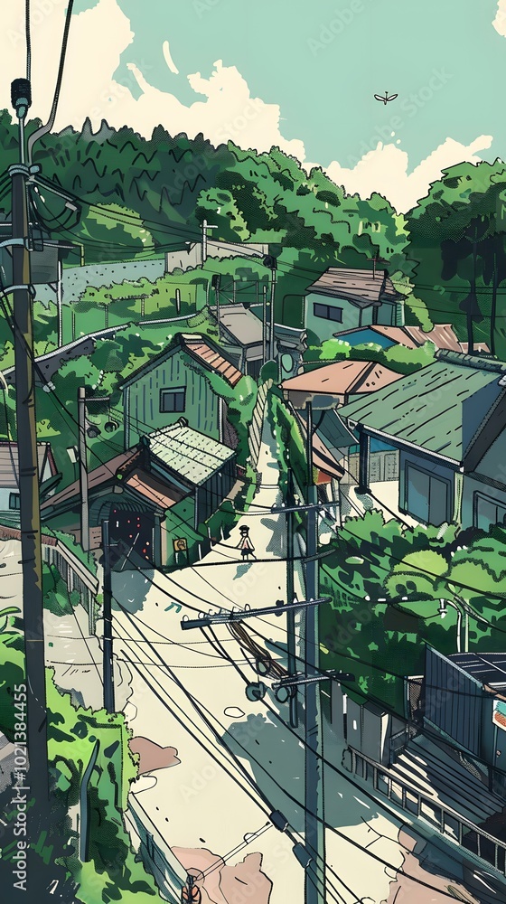 Canvas Prints Illustration of a Green Hilltop Village in Japan with a Single Person