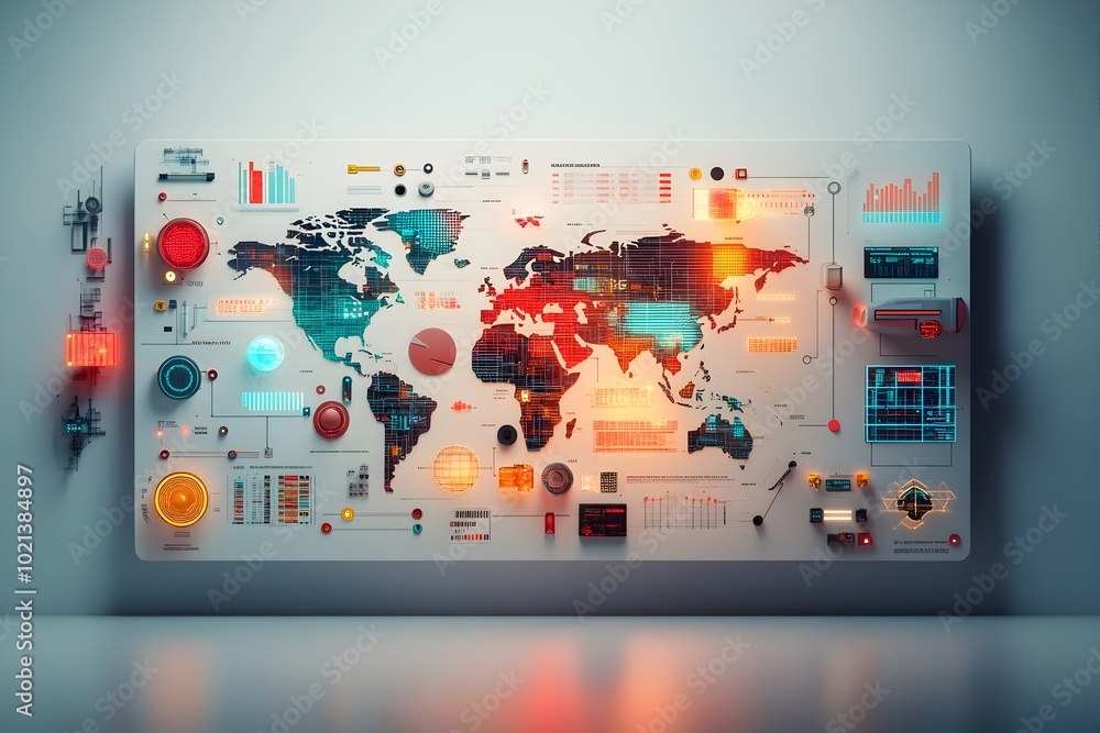 Poster advanced ai driven logistics management system featuring an interactive world map charting global tr
