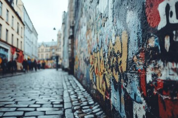 Fototapeta premium Cobblestone Street with a Graffiti-Covered Wall in a City