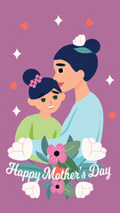 Illustration of a loving mother and daughter sharing an embrace with a pastel floral background, highlighted by hearts and vibrant flowers, expressing affection and care.