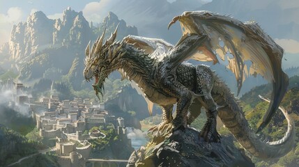 Fantasy Dragon Mountaintop Medieval Village Landscape