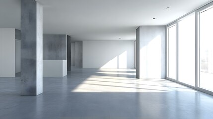 Modern Empty Room With Large Windows and Concrete Pillars