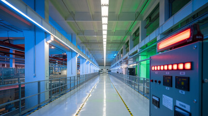Obraz premium Industrial Interior with Control Panel Long Corridor Blue and Green Lighting