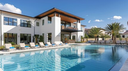 Fototapeta premium Modern Luxury Villa Swimming Pool with Palm Trees and Loungers