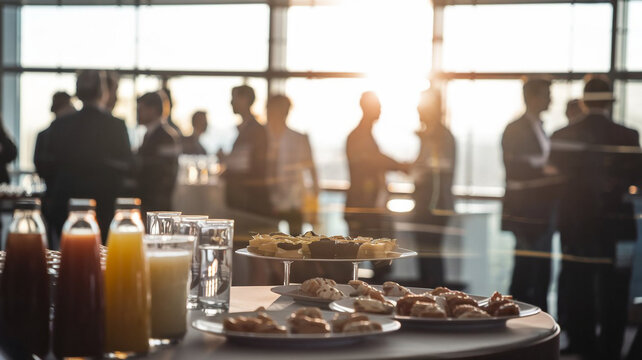 Business Meeting Refreshments   Snacks  Drinks  and Blurred Silhouettes