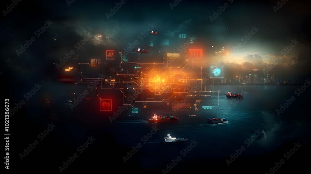 Poster futuristic global logistics network with complex map of interconnected supply chains container ships