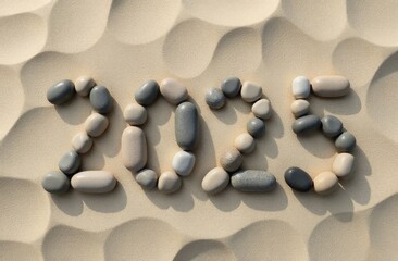 Happy New Year 2025, volumetric figures of the year from sea pebbles on the seashore, concept of recreation, tourism