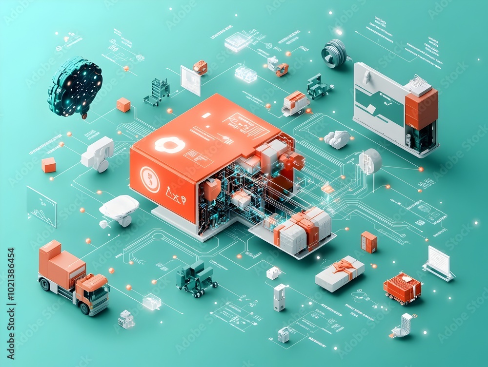 Poster cutaway diagram showcasing the intricate inner workings of an ai powered logistics platform revealin