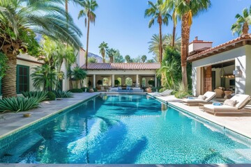 Fototapeta premium A large pool with palm trees in the background, generative ai image