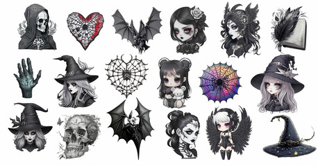vecor illustration "Dark Gothic Witch Stickers - Spooky Skulls, Bats, and Halloween Fantasy Art"