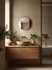 A minimalist bathroom features a wooden vanity with a large round mirror and a single pendant light