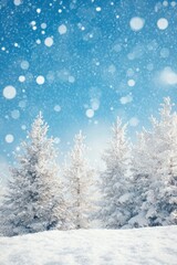 Snow trees with bokeh lighting in winter on a blurred background