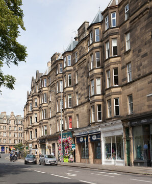 Tall buildings and shops on Bruntfield Place, Edinburgh in Scotland