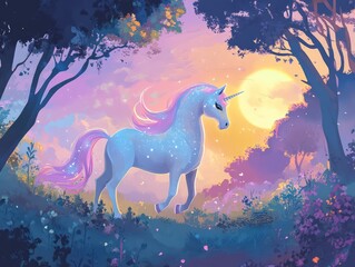 A glittering unicorn with pastel colors in a magical forest under a moonlit sky