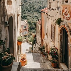 Naklejka premium Narrow cobblestone street in an Italian village with terracotta flower pots