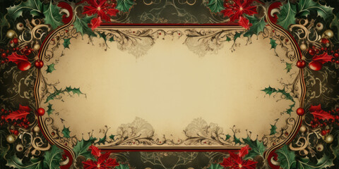 Vintage Floral Christmas Frame with Golden Ornament for Elegant Invitation Card Design,Generated By Ai