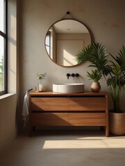 A minimalist bathroom features a wooden vanity with a large round mirror and a single pendant light