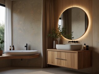 A minimalist bathroom features a wooden vanity with a large round mirror and a single pendant light