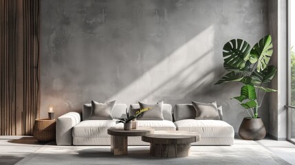 Modern Living Room Interior Design with Grey Concrete Wall and Wooden Coffee Table