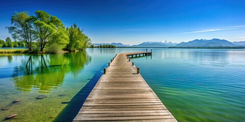 Naklejka premium A wooden pier extending into a pristine lake with mountains in the distance under a bright blue sky