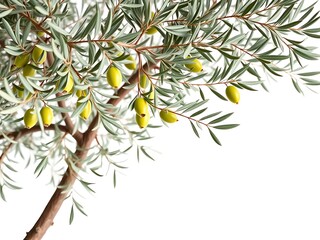 Olive tree with green fruits displayed against a clean white background, highlighting the natural beauty of the tree