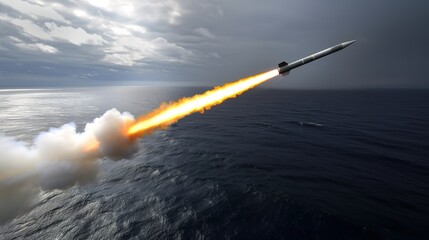Aerial view of a missile launch from a warship towards a distant target, showcasing the power and precision of military strikes in a dark sky and ocean setting.