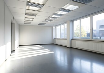 Empty Office Room With Large Windows and Sunlight Streaming In