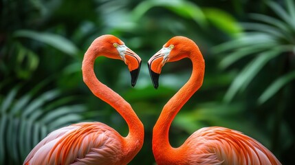 Fototapeta premium Two flamingos forming a heart shape with their necks amidst lush greenery.