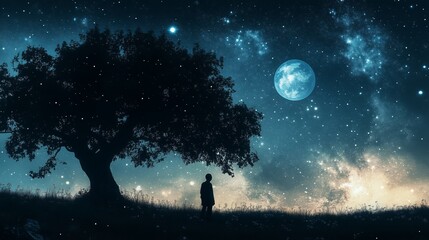 Fototapeta premium A child stands in awe beneath a tree, admiring the vast starry sky