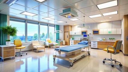 Emergency Department Interior with Medical Equipment, Waiting Area, and Patient Care Facilities