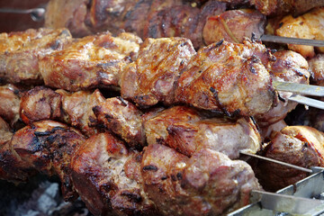 Meat on skewers. Grilled shashliks in a shashlik shop