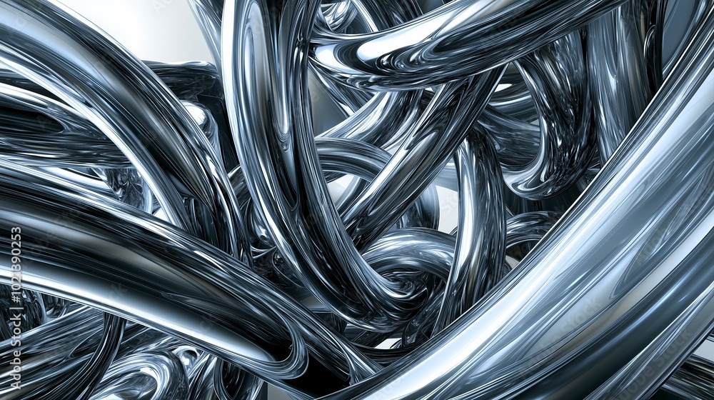 Poster intricate metallic abstract design featuring intertwined reflective shapes in a dynamic arrangement 