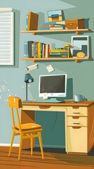 Cartoon Illustration of a Home Office Desk with a Computer and Bookshelf