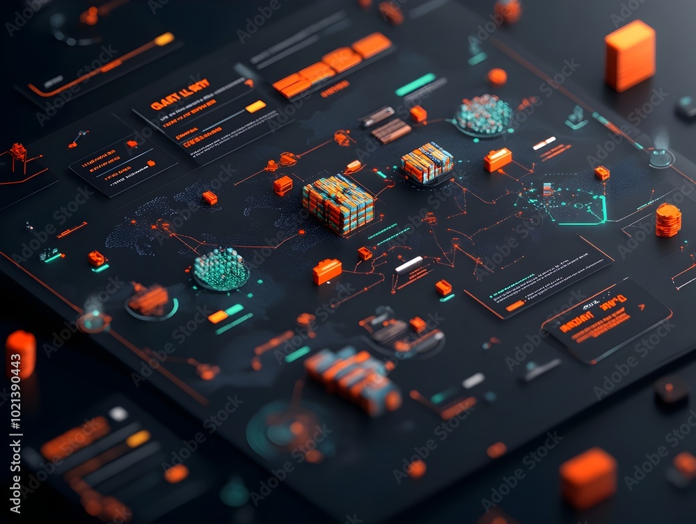 Poster cutting edge ai driven global logistics network featuring interactive 3d maps data dashboards and pr