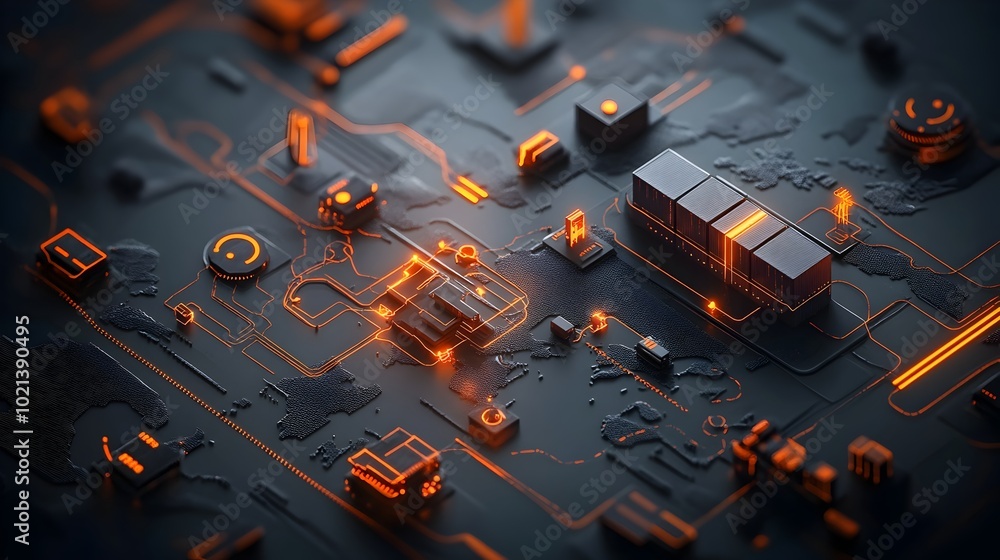 Poster detailed map of supply chains and container ship routes powered by advanced data analytics and optim