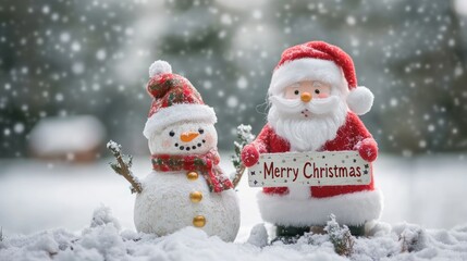 A festive scene featuring a snowman and Santa Claus celebrating Christmas in a snowy landscape.