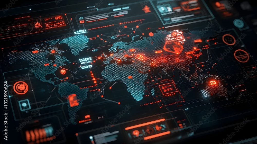 Poster detailed map of a futuristic global logistics network showcasing advanced ai powered data analytics 