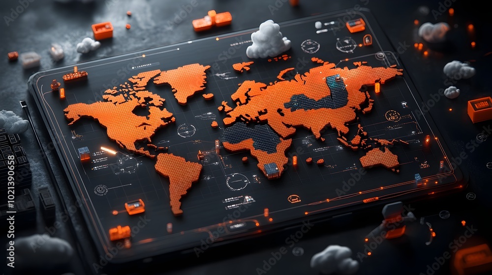 Poster ai powered global logistics network featuring a detailed world map coordinating supply chains and co