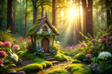 Fototapeta premium Enchanted Natural Fairy House in a Tranquil Forest Setting Surrounded by Lush Greenery and Flowers