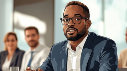Innovative Business Workshop: Black Businessman Leading Colleagues in Anime-style Minimalist Vector Illustration