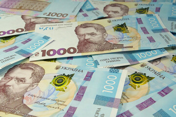 Banknotes 1000 Hryvnia. Real Ukrainian paper money of blue yellow color