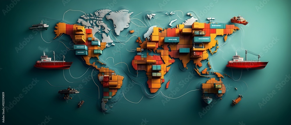 Poster futuristic global logistics dynamic world map visualizing intricate supply chain networks container 