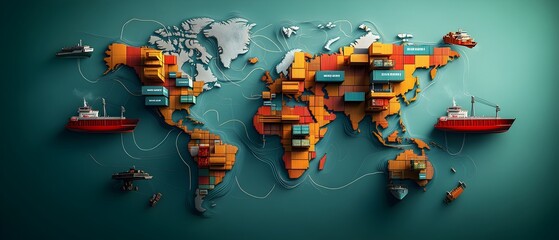 Fototapeta premium Futuristic Global Logistics dynamic world map visualizing intricate supply chain networks container ships traversing transoceanic shipping lanes