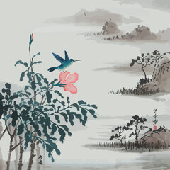 Hummingbird watercolor flowers and in flight. Traditional oriental ink painting vector