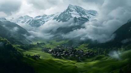 Fototapeta premium Aerial view of the Swiss Alps, overcast sky, green grassy hills with small buildings and winding roads leading to mountains in the distance