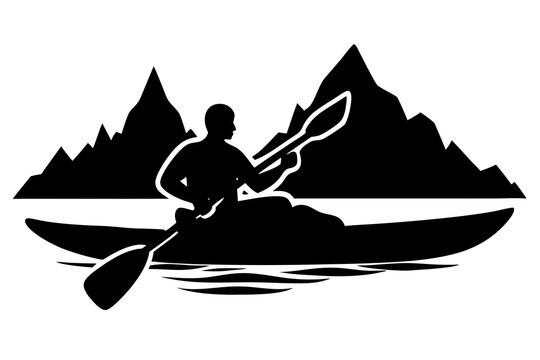 black kayak silhouette with mountains clip art preview