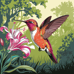 Hummingbird watercolor flowers and in flight. Traditional oriental ink painting vector