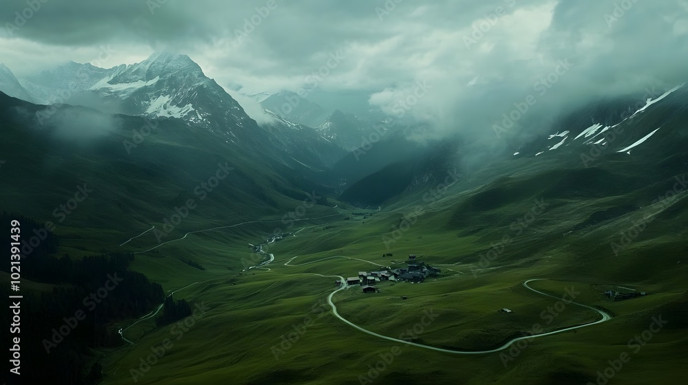 Sticker Aerial view of the Swiss Alps, overcast sky, green grassy hills with small buildings and winding roads leading to mountains in the distance